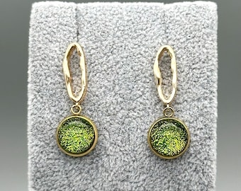 Green Dichroic Fused Glass Oval Loop Earrings/ Fused Glass Jewellery/18k Gold Plated/Brass Nickel Free/ Drop Stud Earrings/ Dangle Earrings