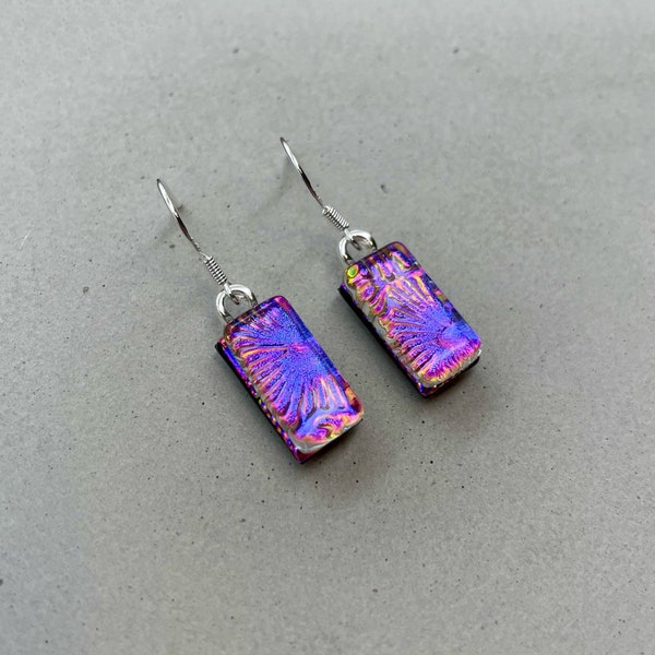 Magenta Firework Dichroic Glass Dangle Earrings/ Fused Glass Jewellery/ 925 Sterling Silver Hook/ Patterned Drop Earrings/Flower Earrings