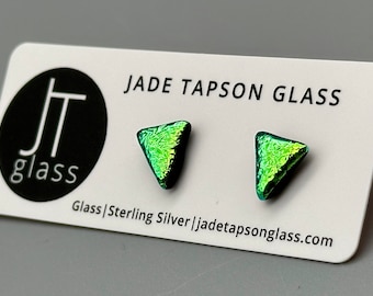 Green Traingle fused glass studs/ Fused Glass Jewellery/ 925 Sterling Silver Ear Fittings/Matt Triangle Earrings/Textured Studs/ Crackle