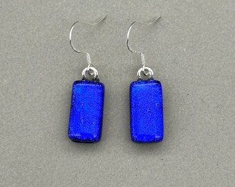 Dark Blue Dichroic Glass Dangle Earrings/ Fused Glass Jewellery/ 925 Sterling Silver Hook/ Cobalt Drop Earrings