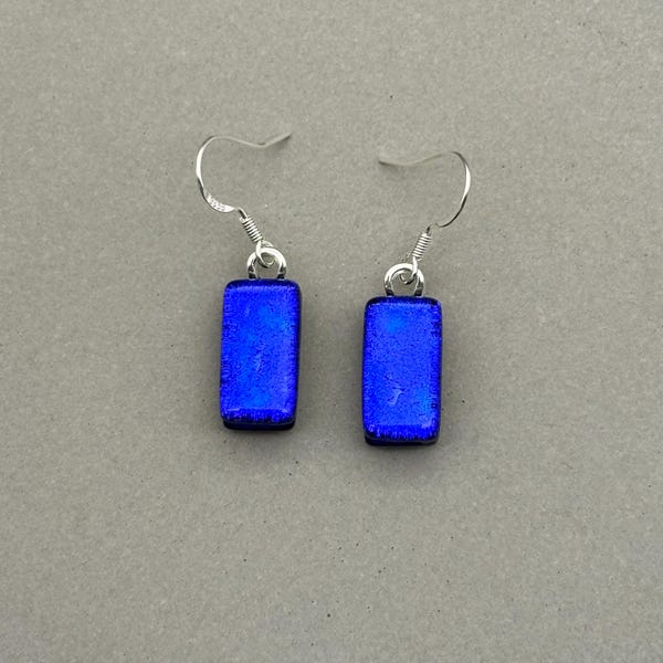 Cobalt Blue Dichroic Fused Glass Dangle Earrings: Sterling Silver or Silver Plated Hooks