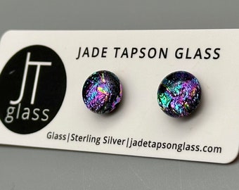 Multicoloured Dichroic Glass Studs/ Fused Glass Jewellery/ 925 Sterling Silver Ear Fittings/ Rainbow Earrings/ Patterned Studs