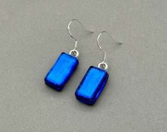 Blue Dichroic Glass Dangle Earrings/ Fused Glass Jewellery/ 925 Sterling Silver Hook/ Blue Drop Earrings/ Turquoise Earrings