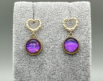 Purple & Pink Dichroic Fused Glass Heart Earrings/ Fused Glass Jewellery/ 18k Gold Plated Heart Studs/ Brass/Drop Stud Earrings/ Dangle Stud