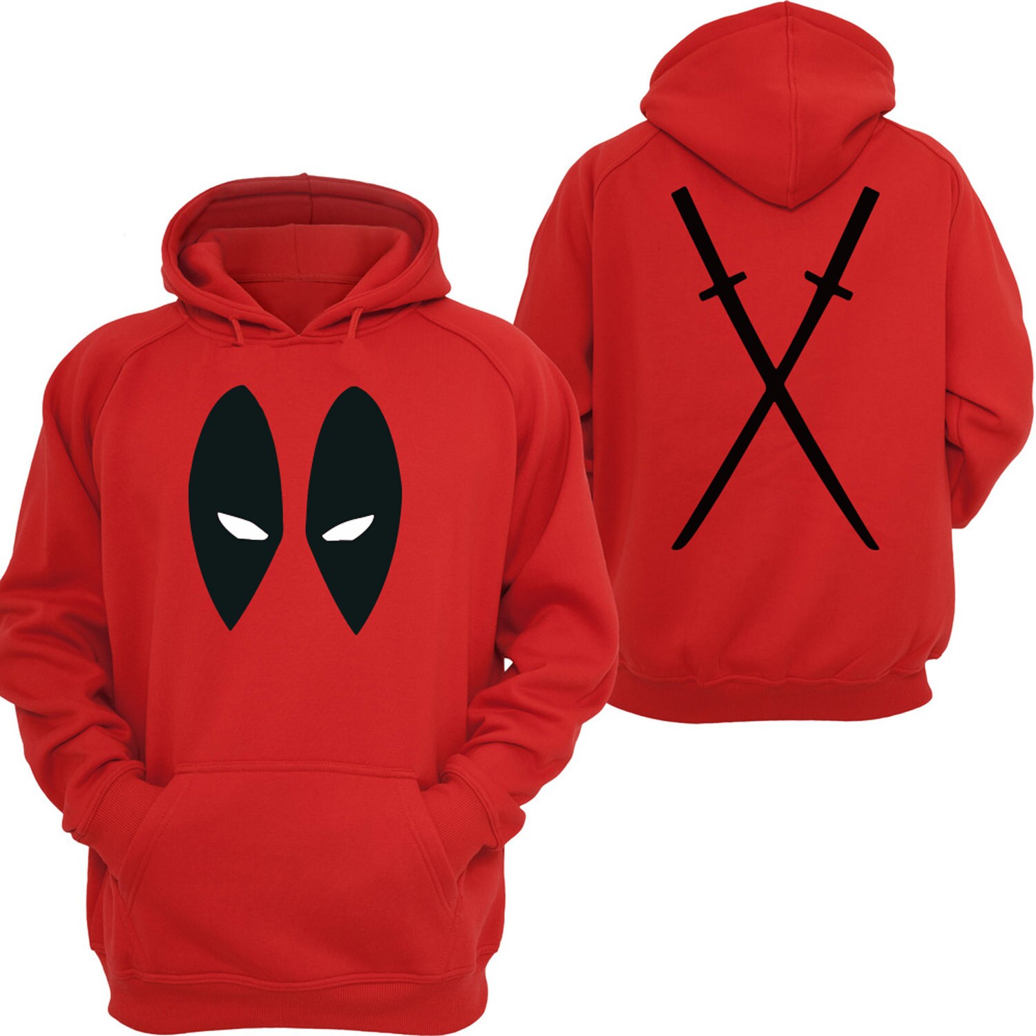 Image of Deadpool Antihero Eyes Front & Back Katanas Red Hoody Adult Sizes