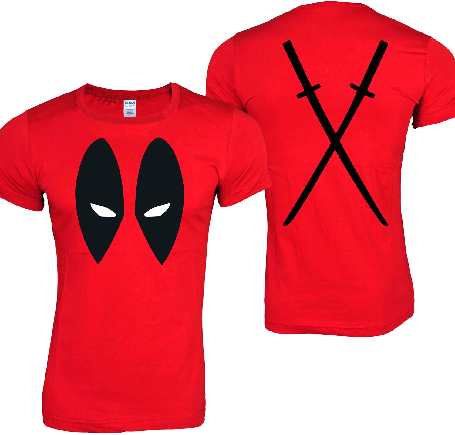 Image of Deadpool Antihero Eyes Front & Back Katanas Red T-Shirt Adult Sizes