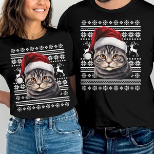 american shorthair cat santa hat T-Shirt, Funny Cat Lover Gift, Cat Christmas Tee, Cat Lover Xmas Gift, Christmas Gift for Cat Owner