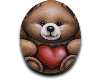 ¡Oso de peluche sosteniendo un corazón rojo pintado a mano sobre guijarros! Pintura acrílica hecha a mano, adornos de San Valentín, pintura en miniatura, decoración de amor.