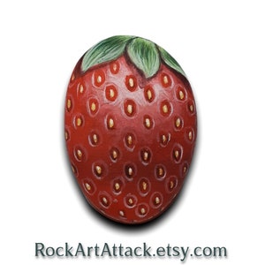 Small Red Strawberry Painted Pebble Fridge Magnet Fruit stone painting, sweet gift, painted with acrylics and finished with satin varnish. image 1