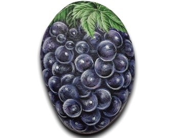 ¡Racimo de uvas negras guijarros pintados a mano! Pintura en miniatura acrílica, acabada con barniz satinado, decoración del hogar de comida, arte de pintura de guijarros.