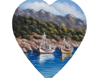 Seascape original miniature acrylic painting on flat wooden heart. Landscape art ornament on wood, finished with matt varnish.