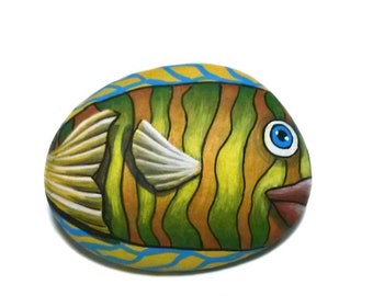 Pebble Painting Colorful Striped fish! Hand painted with Acrylic paints and finished with satin varnish protection, miniature pebble art.