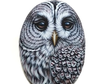 Streifenkauz, Acrylmalerei auf flachem Meeresstein! Abschluss mit Satinlack. Bemalte Steine, Bird Stone Art. Felsmalerei Kunst