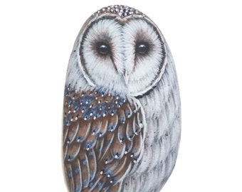 Handbemalter Schleiereulen-Pilz! Miniatur Vogelmalerei auf kleinem Stein, Original Eule, Acrylmalerei, mit seidenmattem Firnis versiegelt