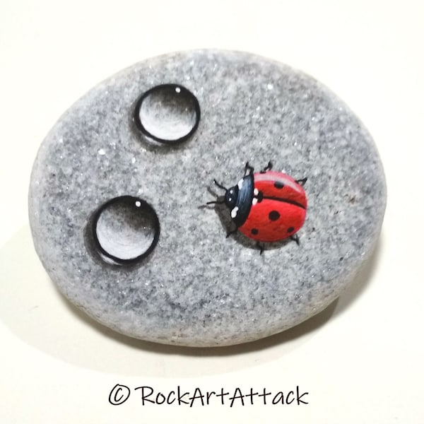 Coccinelle et gouttes d'eau peintes en rouge caillou ! Pierre peinte, Art de la pierre miniature fait main, Peinture acrylique sur pierre plate naturelle de la mer