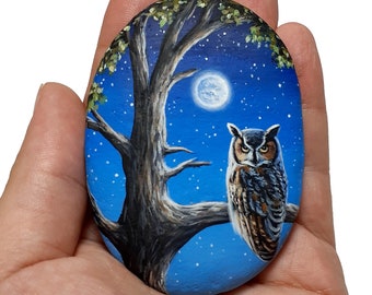 Great horned owl sitting on a tree branch in the moonlight hand painted on stone! Original acrylic painting and coated with satin varnish.