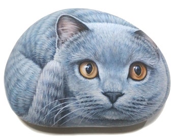 Russian blue cat original hand-painted on natural rock! Grey cat acrylic painting, rock painting animal, painted stone cat with matt finish