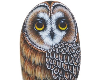 Hand Painted Pebble Short-eared Owl! Acrylic Miniature Painting on Stone, finished with Satin varnish. Original art, owl painted stone