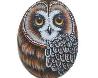 Short-eared owl handmade miniature acrylic painting on sea pebble! Fridge magnet small owl, finished with satin varnish protection