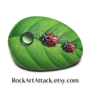 Red ladybugs and water droplet on a green leaf hand painted pebble! Original acrylic painting on natural smooth pebble by Rock Art Attack.