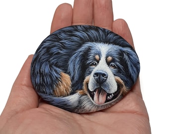 Bernese Mountain Dog Portrait, Miniature Acrylic Painting on Sea Pebble