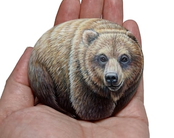 Hand Painted Rock Grizzly Bear, Forest Animal Portrait Decorative Stone.