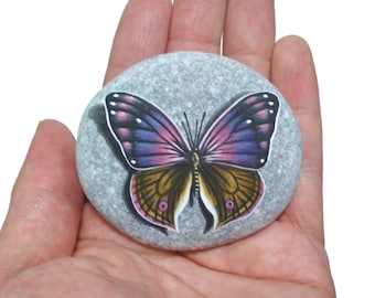 Handmade Lovely Butterfly Painted on Sea Pebble! Acrylic painting on natural flat pebble, finished with Satin varnish protection.