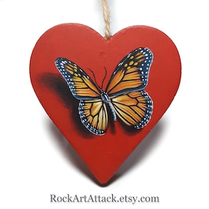 Hand painted Monarch butterfly on red wooden heart! Decorative butterfly painting with acrylics, ready for hanging. Coated with matt varnish