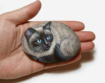 Siamese Cat Hand-Painted Stone, Rock Painting Art, Handmade Animal Home Decor.