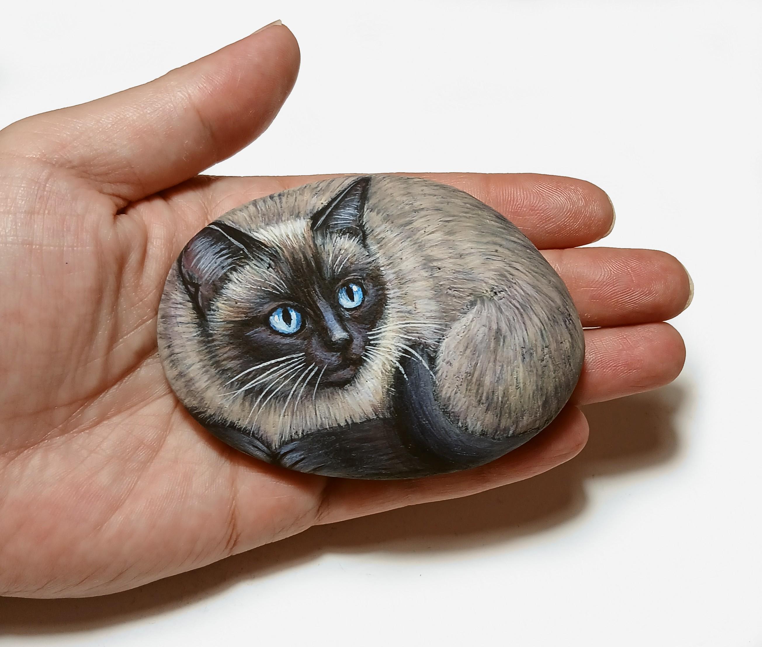 シャム猫の手描き石、ロックペインティングアート、手作りの動物ホーム 