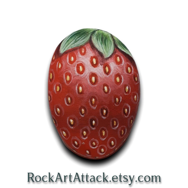 Small Red Strawberry Painted Pebble Fridge Magnet Fruit stone painting, sweet gift, painted with acrylics and finished with satin varnish. image 1