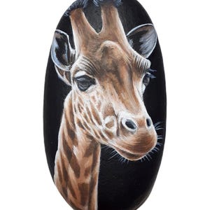 Giraffe portrait original acrylic painting on stone. Wildlife art for paperweight, hand-painted on sea pebble, finished with satin varnish.