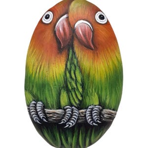 Colorfull parrots in love original acrylic painting on natural pebble. Hand painted stone birds, pebble painting art, satin varnish finish.