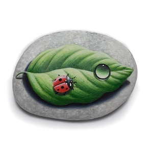 Puede incluir: Una piedra pintada que representa una hoja verde con una gota de agua y una mariquita roja con puntos negros. La piedra es de forma ovalada y gris, con la hoja y la mariquita pintadas encima. La mariquita tiene cabeza y antenas negras.