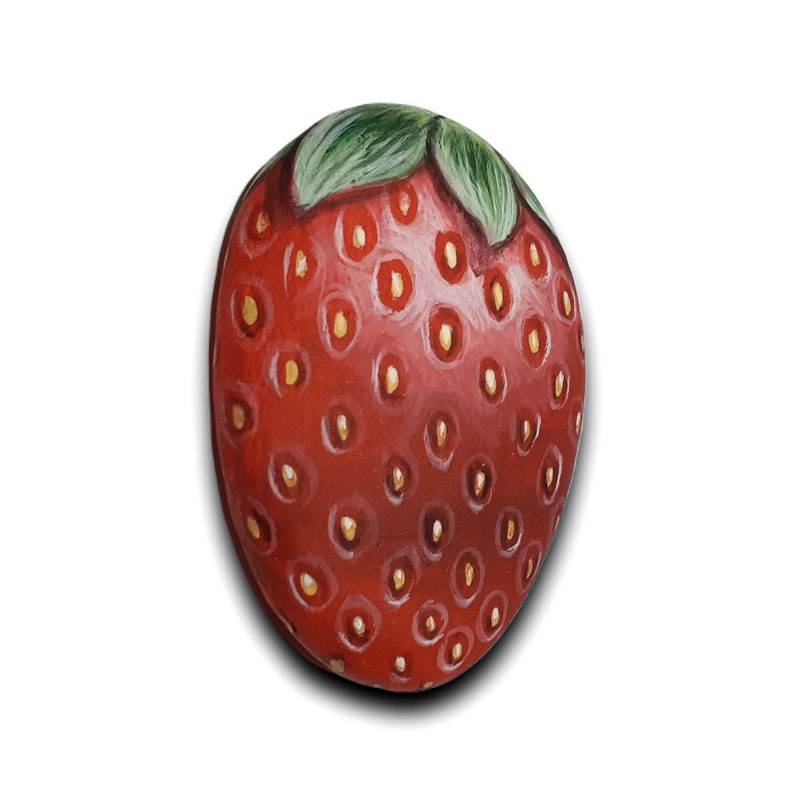 Small Red Strawberry Painted Pebble Fridge Magnet Fruit stone painting, sweet gift, painted with acrylics and finished with satin varnish. image 3