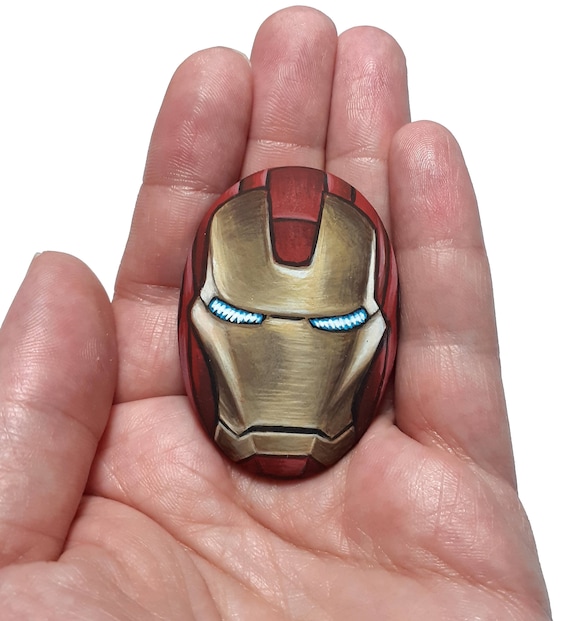 Superhero Helmet Pebble painting Art with satin varnish finish,  hand painted pebbles, Superhero