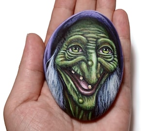 Hand-Painted Stone Witch Face Portrait Halloween Decor Spooky Art Paperweight Rock Painting.