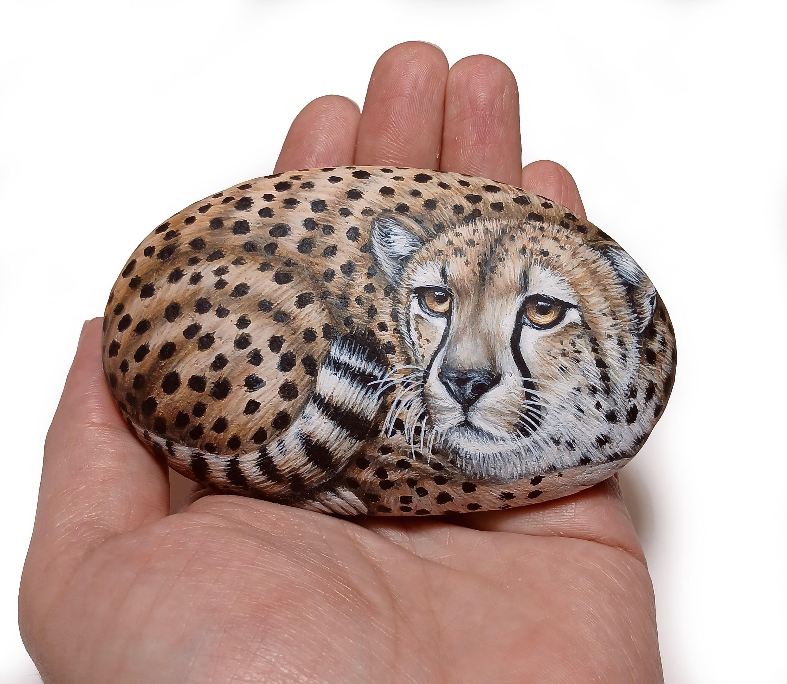 色を塗った石 Hand-painted Cheetah Rock. Original Wildlife Art. African Animal