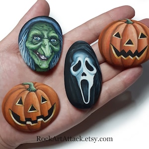 Halloween themes hand painted on pebbles! Handmade acrylic painting, halloween art decor, kids favors for halloween party, stone art.