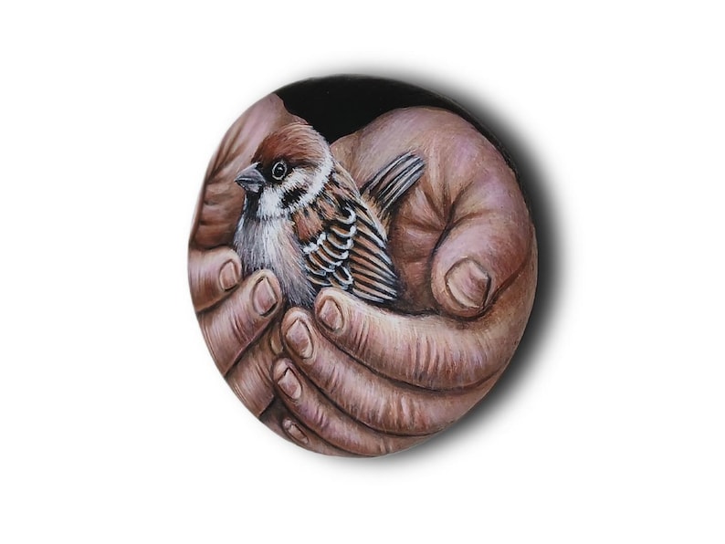 May include: A circular painting featuring a detailed brown and white sparrow nestled within two cupped hands. The bird has distinct black markings on its face and wings, while the hands are rendered in realistic skin tones against a dark background.