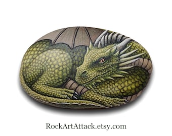 Dragon Hand-Painted Stone, Mythical Creature Art Decor, Green Dragon Portrait Miniature Painting.