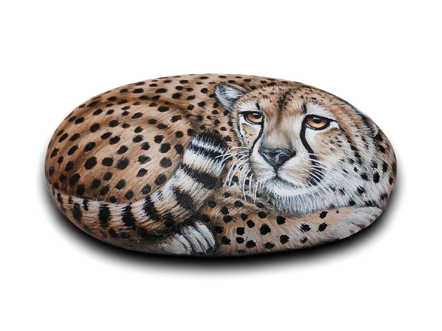 Hand-painted Cheetah Rock. Original Wildlife Art. African Animal