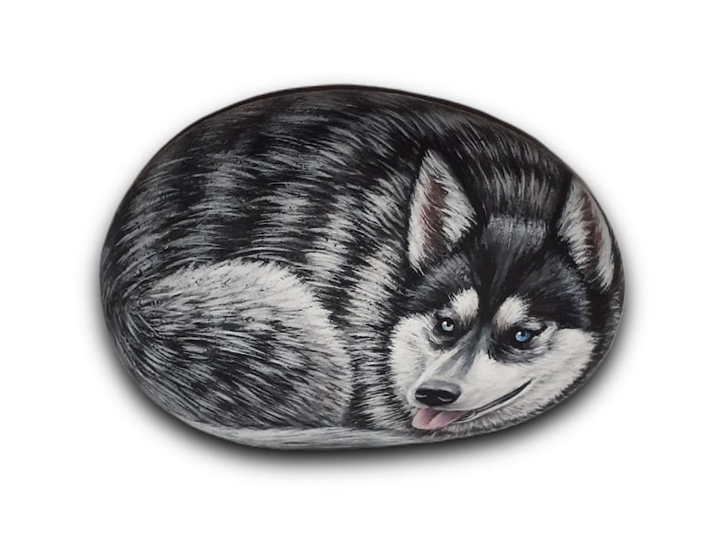 May include: Hand-painted rock art depicting a black and white husky dog with blue eyes, lying down with its tongue sticking out.