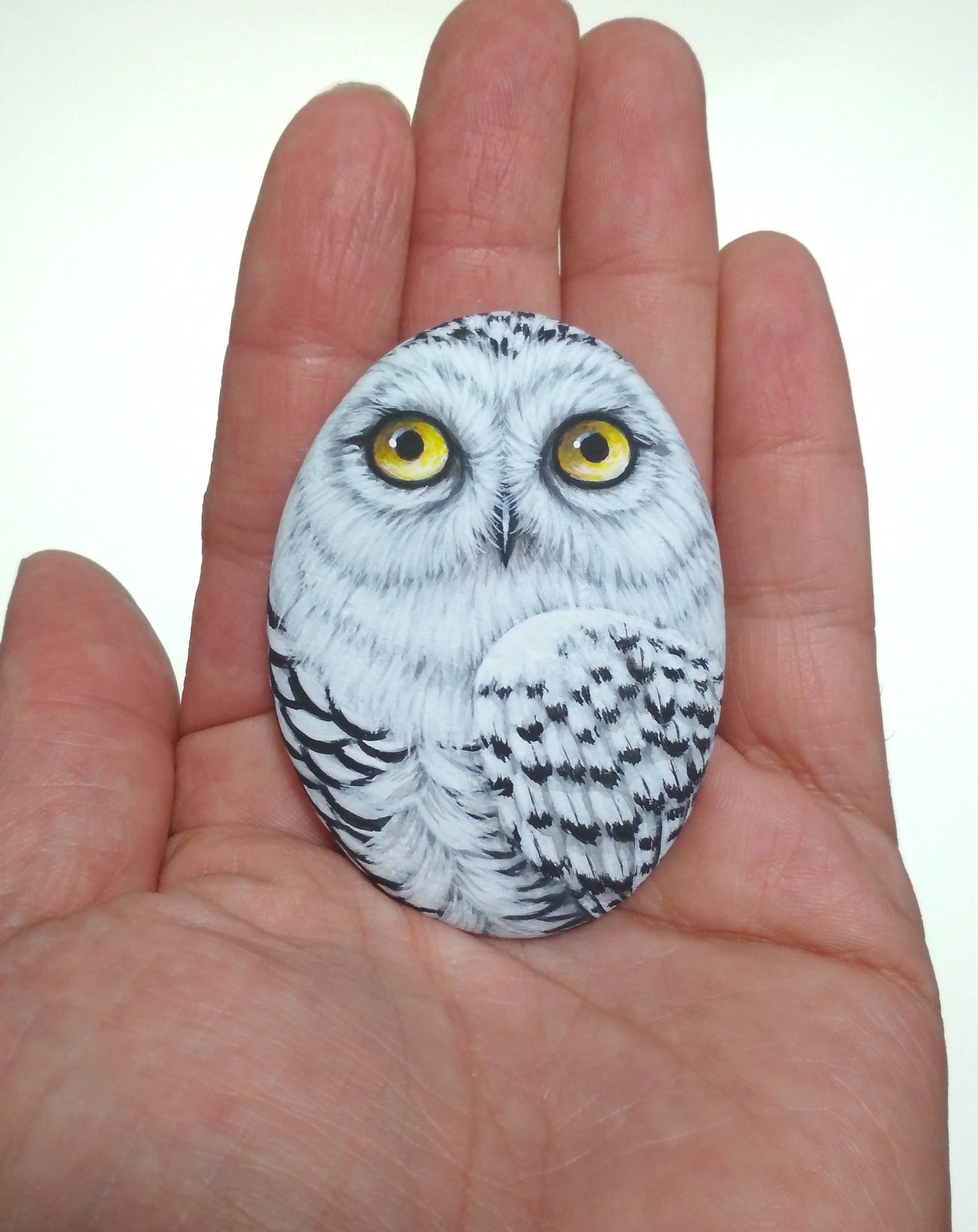 Snowy Owl Hand Painted  Stone, Miniature White Owl Acrylic Painting, Personalized Bird Gift.