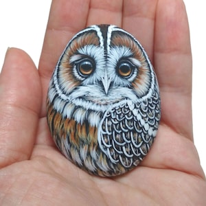 May include: A smooth, oval-shaped river stone featuring a detailed hand-painted portrait of an owl. The owl has large, amber-colored eyes, white facial feathers, and a body patterned with brown, black, and white plumage, capturing a realistic look.