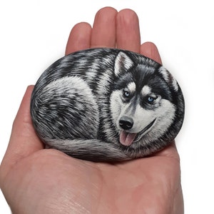 May include: Hand-painted rock art of a black and white husky dog with blue eyes. The dog is painted in a realistic style and is lying down with its tongue sticking out.