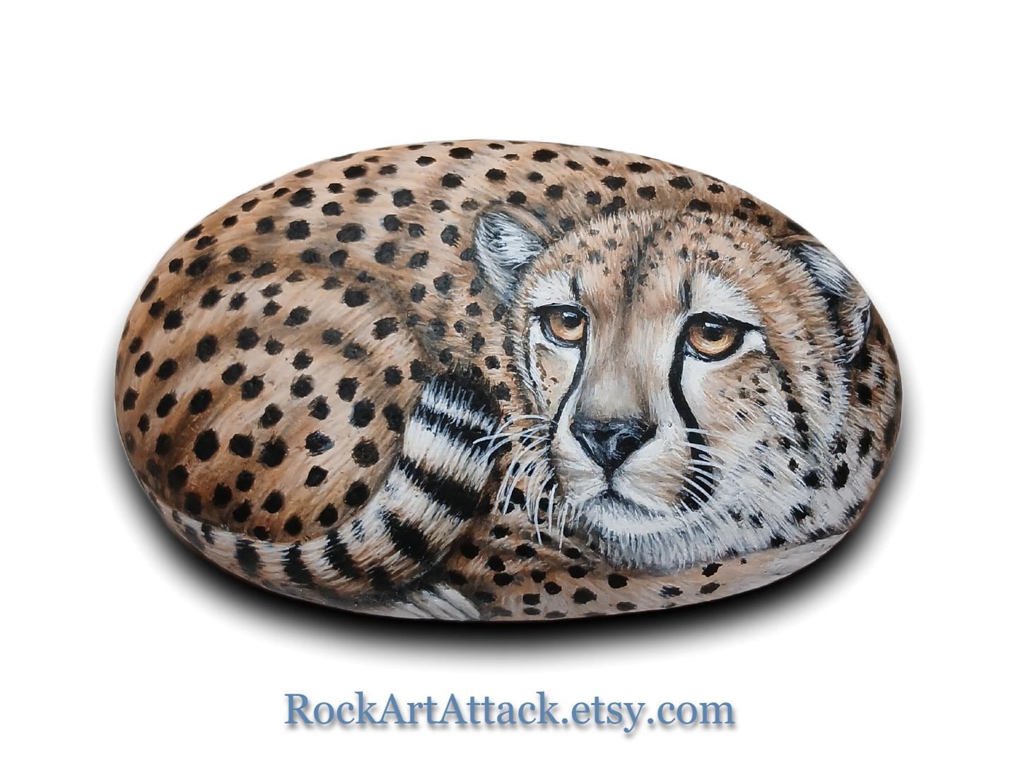 Hand-painted Cheetah Rock. Original Wildlife Art. African Animal