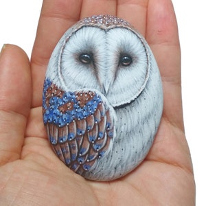 Hand-Painted barn owl on flat natural sea pebble! Acrylic miniature painting on stone, Original owl painting, Handmade, Stone painting art