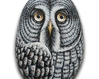 Piedra de búho gris pintada a mano, arte de pájaro acrílico