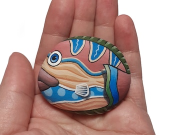 Pebble Painting art colorful fantasy fish. Hand painted with acrylic paints and finished with satin varnish protection. Stone painting